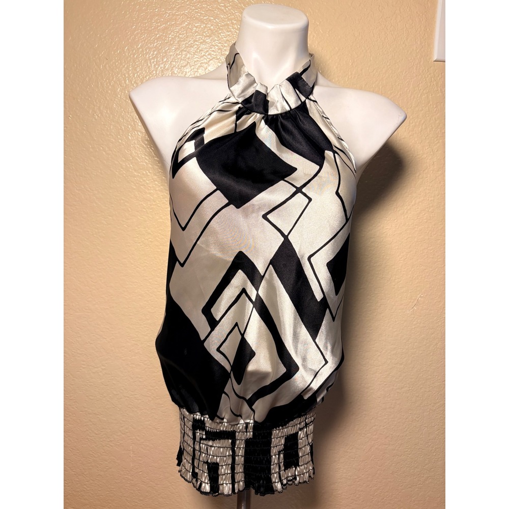 Y2K Charlotte Russe Geometric Halter Top Smocked Waist Satin Blouse M #5